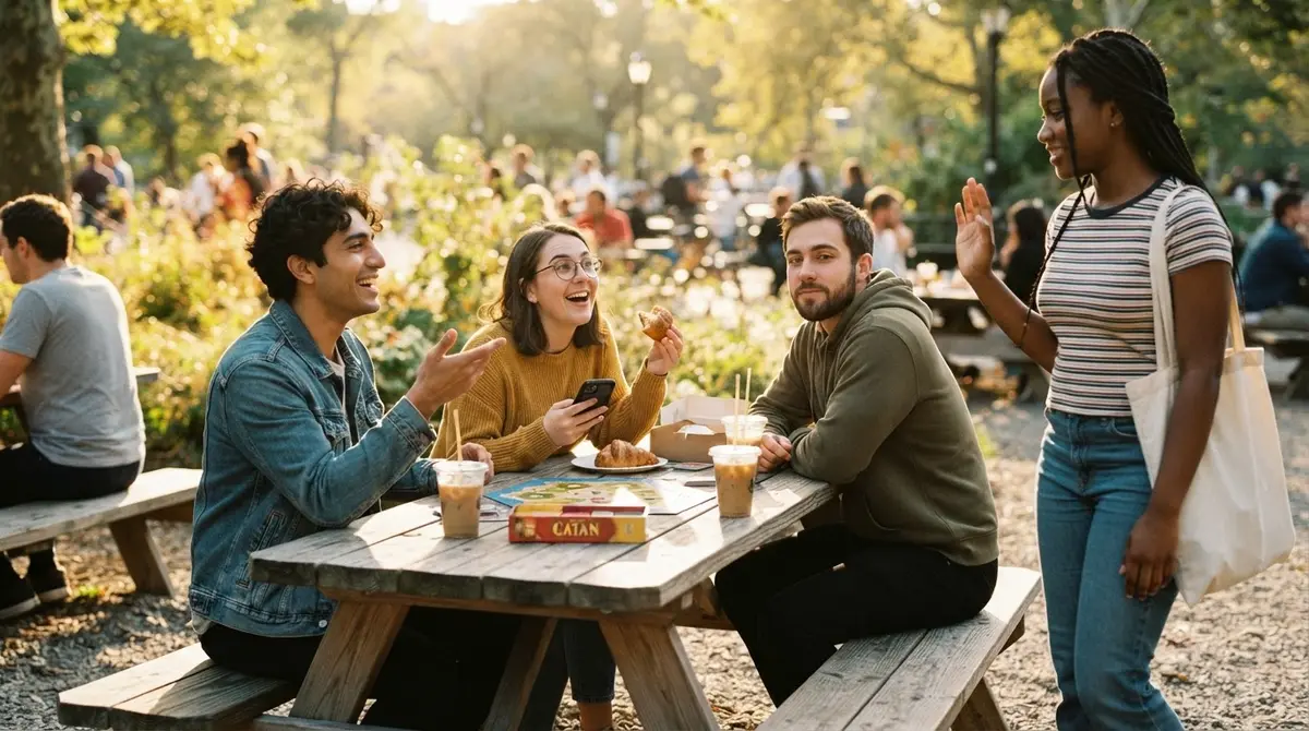 A woman with a tote bag raises a hand to ask if she can join three friends sharing coffee and a board game at a park picnic table