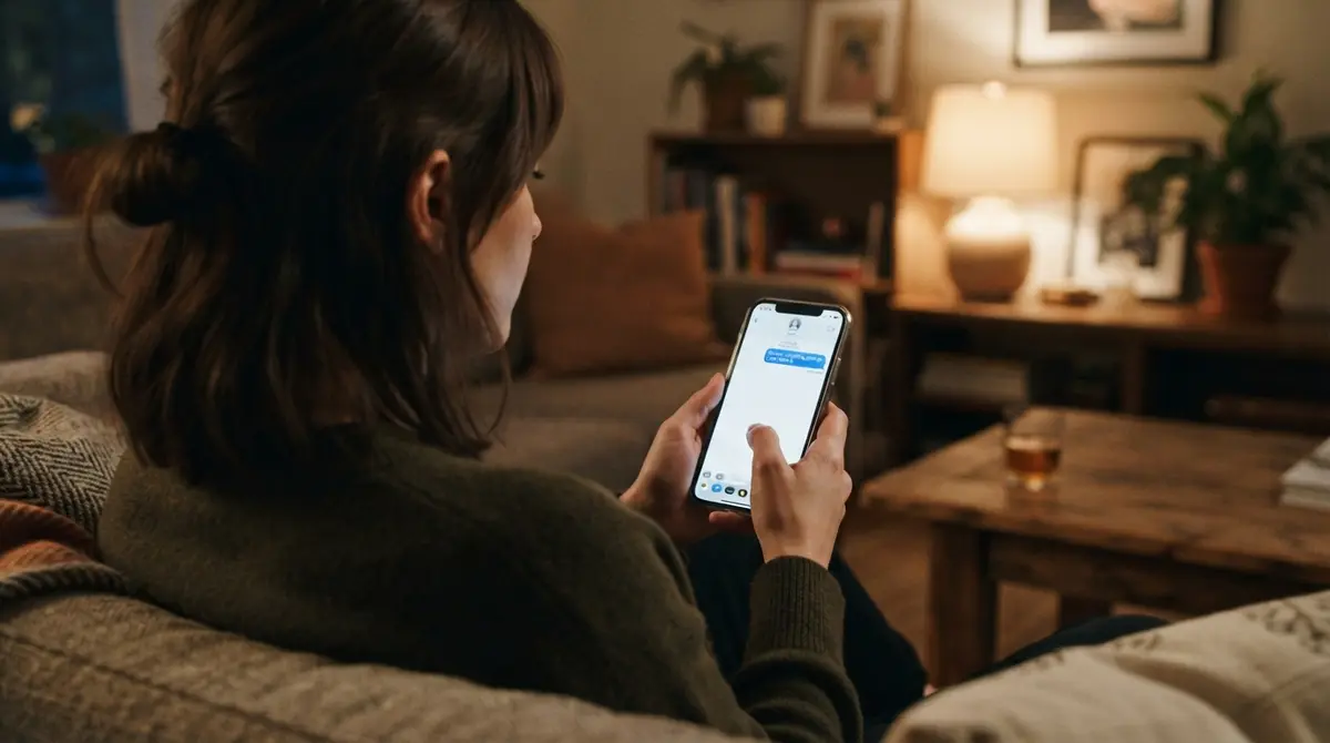 Over-the-shoulder view of a person on a sofa typing a text message on their iPhone to a friend to cancel plans, candid evening scene about canceling plans and friendship