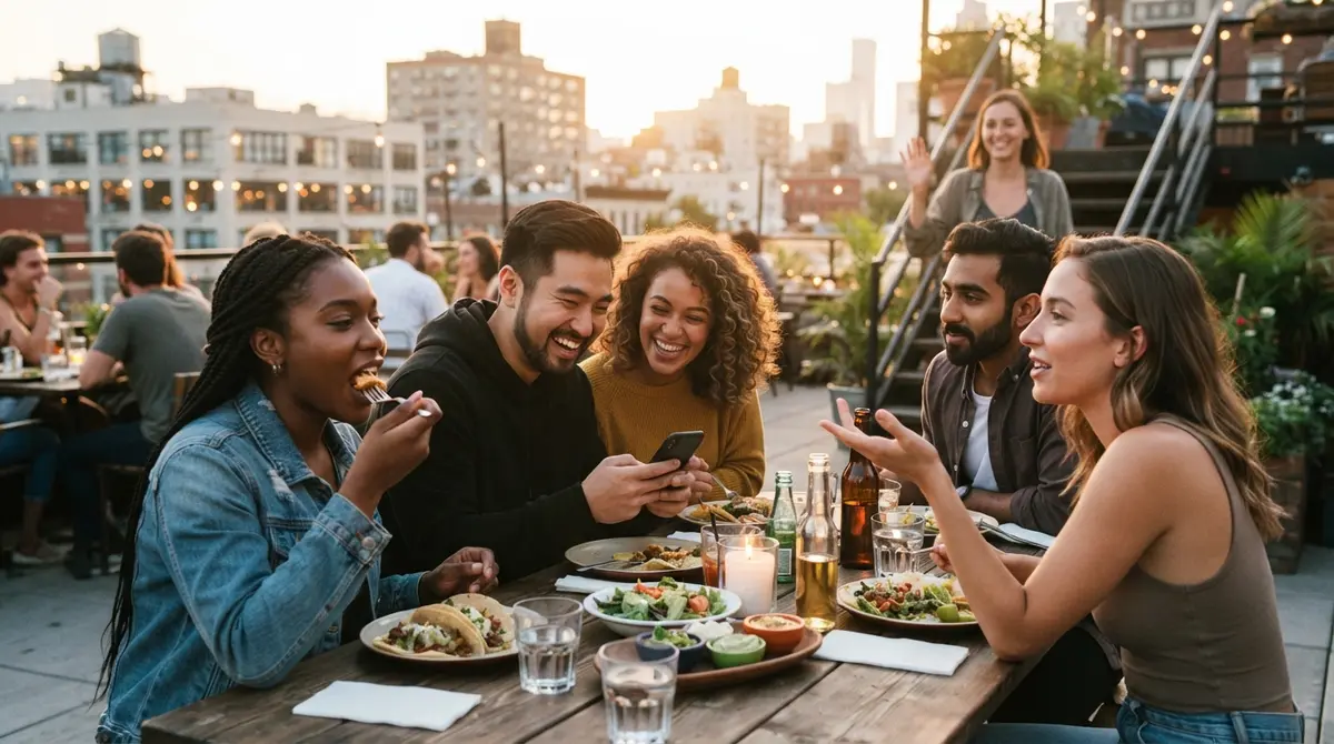 A small group of young adults in their twenties gathered on a rooftop at golden hour, laughing together while one more person arrives and is waved over to join