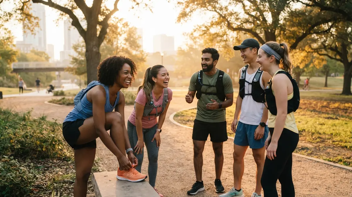 A small group of runners smiling and checking in with each other at a sunrise run club meetup, warm morning light