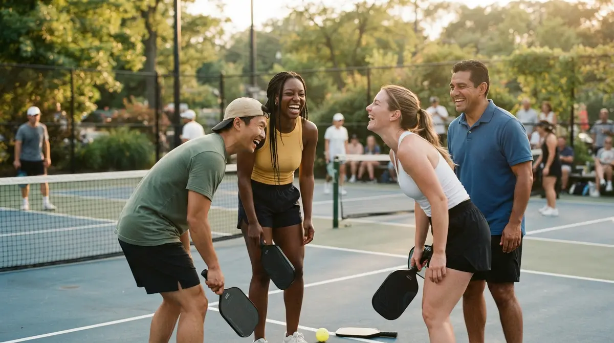 Four diverse young adults laughing together during a casual pickleball game at a neighborhood court