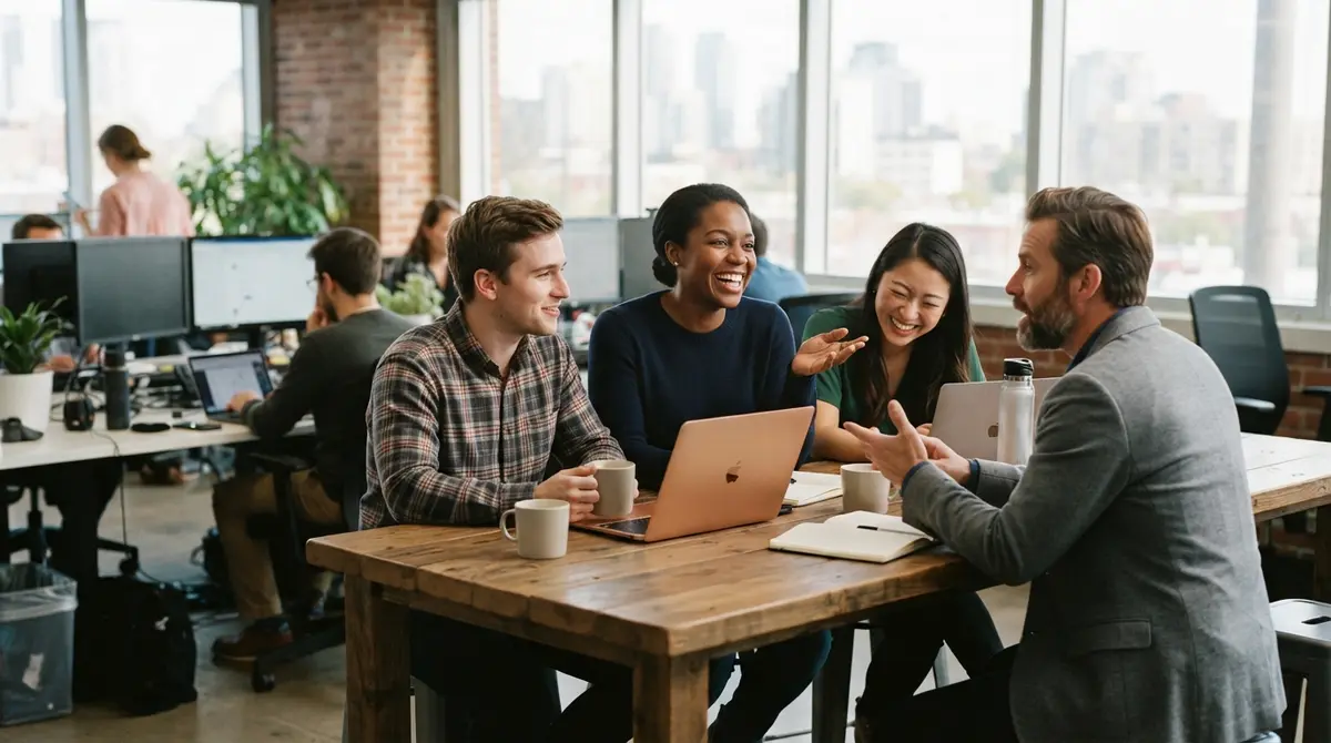 Coworkers gathered around a table in a bright open-plan office, one laughing, one talking mid-gesture, one smiling and listening