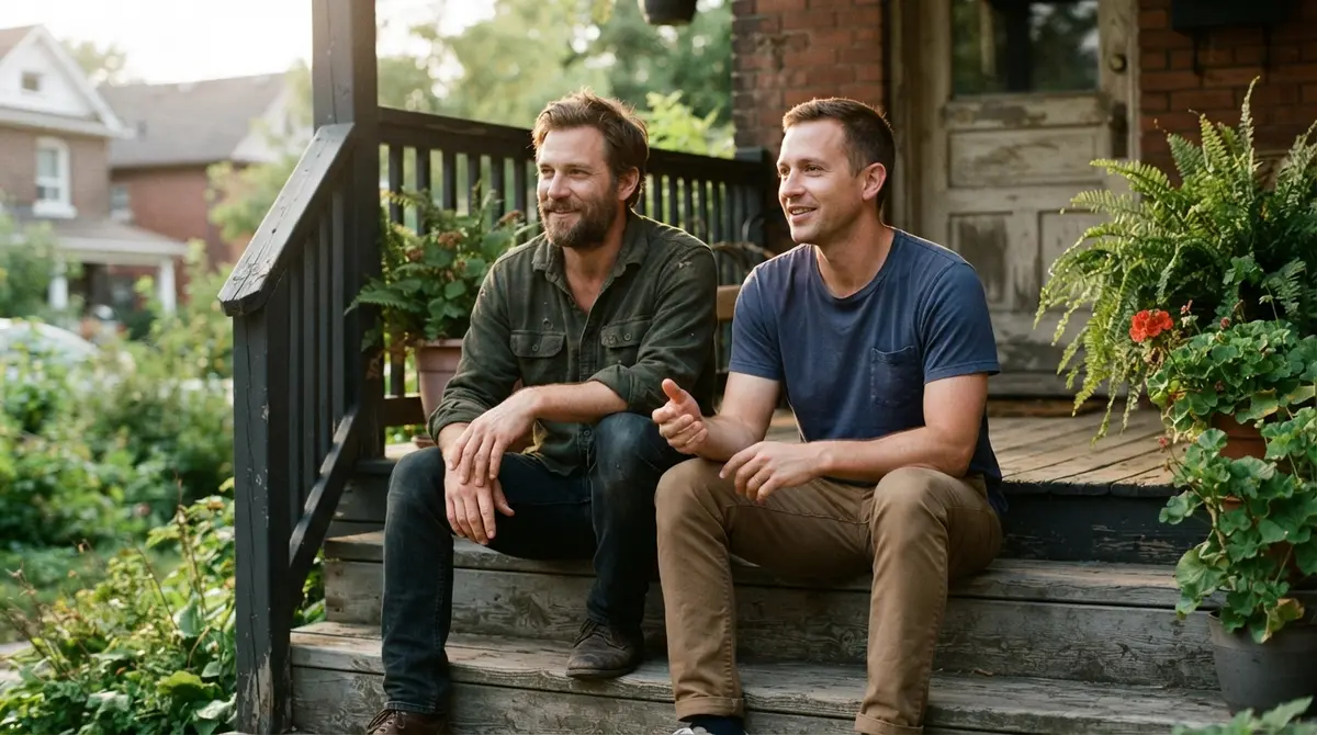 Two men laughing while working on a bicycle together in a garage, an example of the side-by-side friendships men build through shared activity
