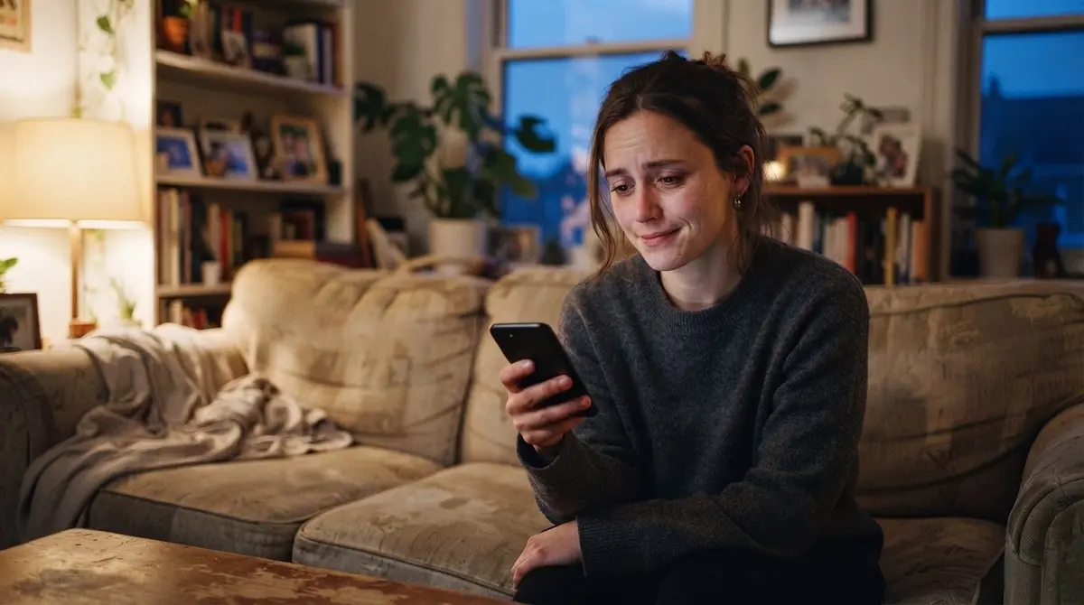 A woman sitting alone on her couch at dusk looking at her phone with a wistful, bittersweet expression, an empty spot beside her where a friend used to sit