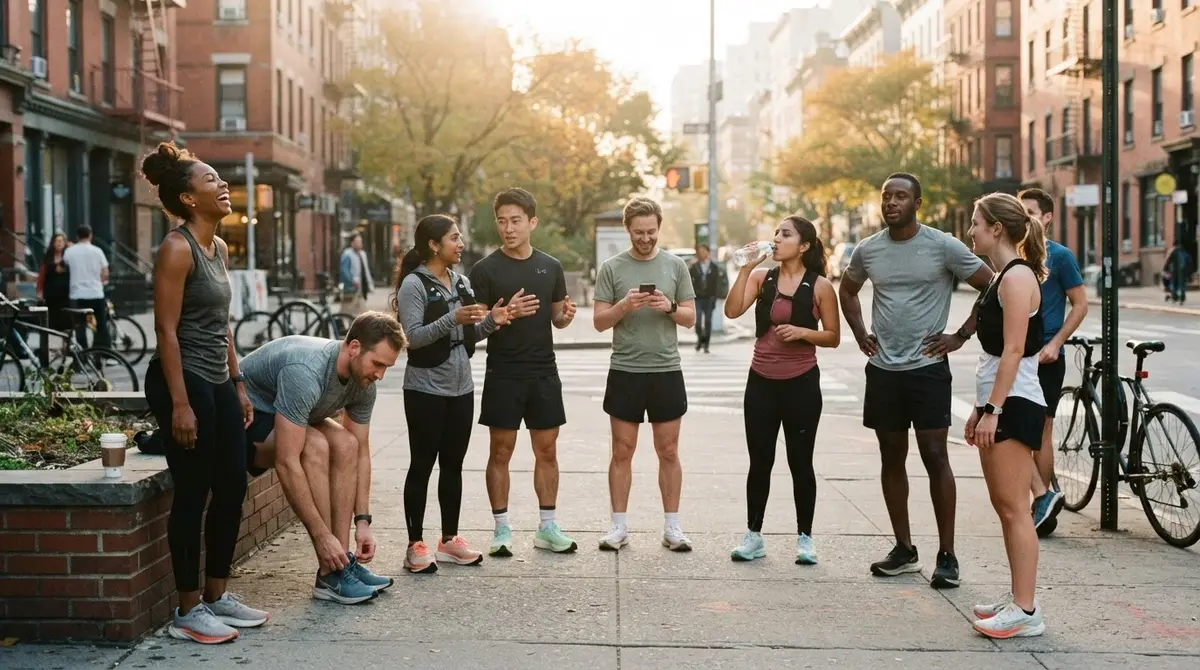 A mixed group of runners pausing on a city sidewalk at sunrise, some laughing mid-conversation, one tying a shoe, one glancing at their phone, candid and unposed