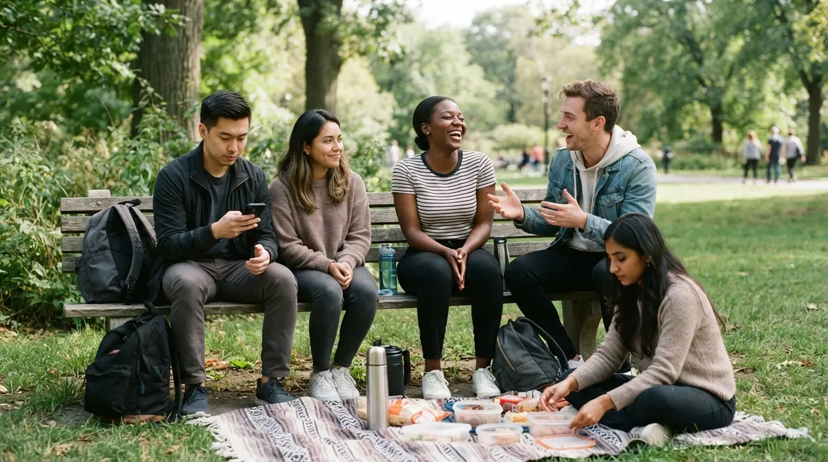 A small group of friends gathered on a park bench and picnic blanket, one person mid-laugh, one glancing at their phone, one unpacking food, candid and unposed, no alcohol in sight