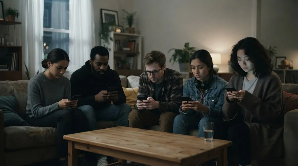 A group of young adults sitting together on a couch but each absorbed in their own phone, together yet apart