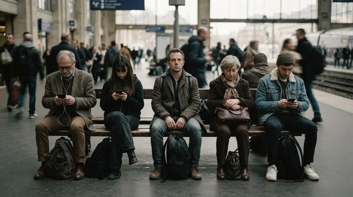 Strangers of different ages sitting side by side on a station bench, each turned away and looking at their phones