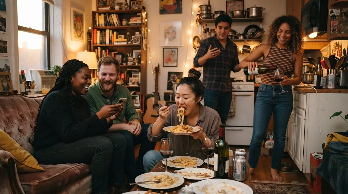 Five friends gathered in a small, warm apartment kitchen at night, eating pasta and talking, one laughing at a phone, one mid-story, candid home hosting scene